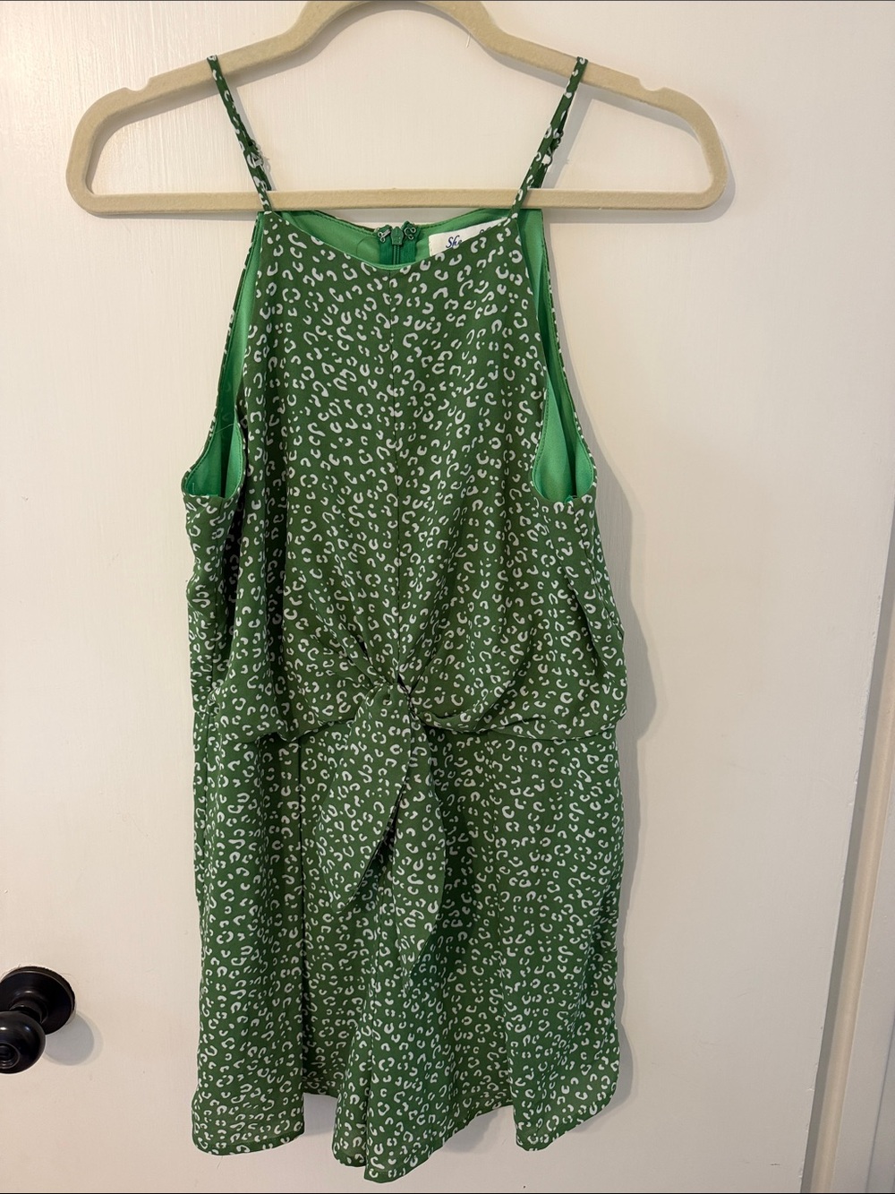 She & Sky Medium Green Leopard Print Spaghetti Strap Romper